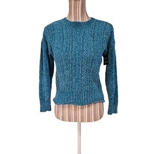 SELECT+TREND Woman Crewneck Teal Cable Knit Velvet Sweater Size S